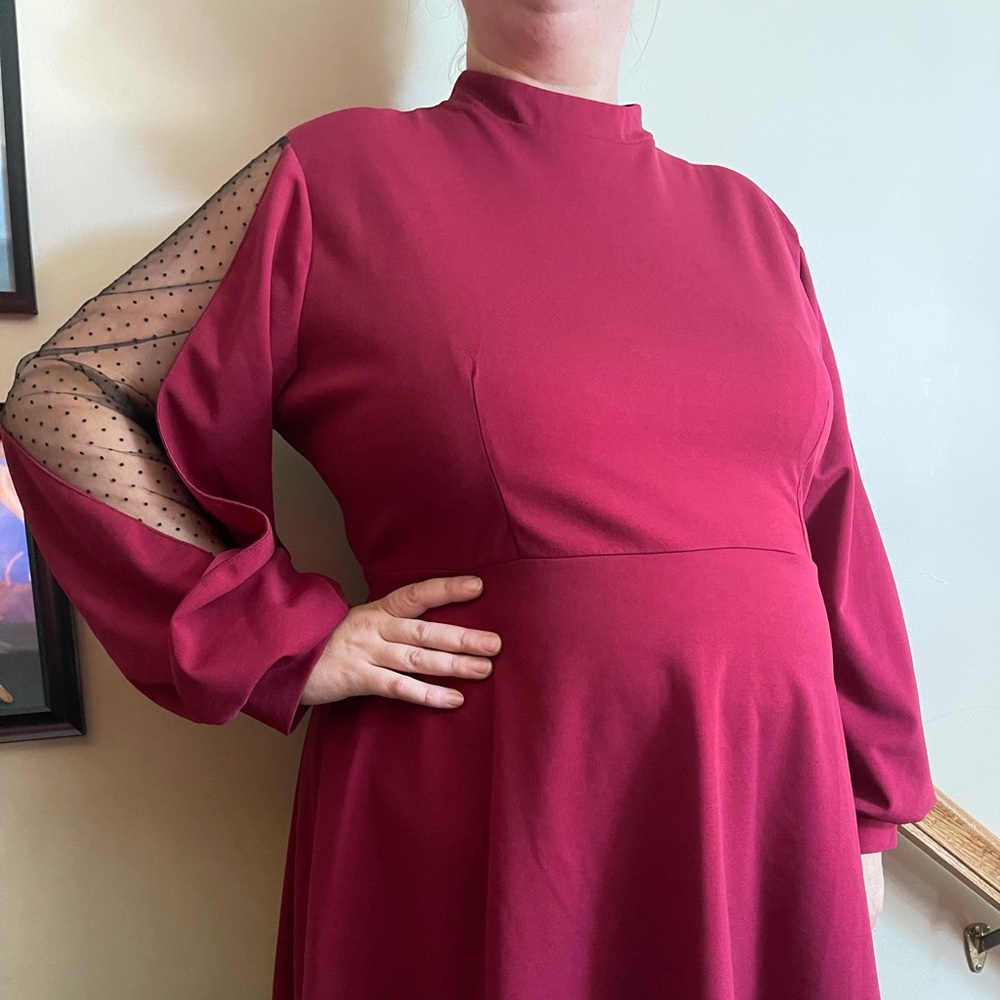 Maroon skater dress with mesh sleeve detail
